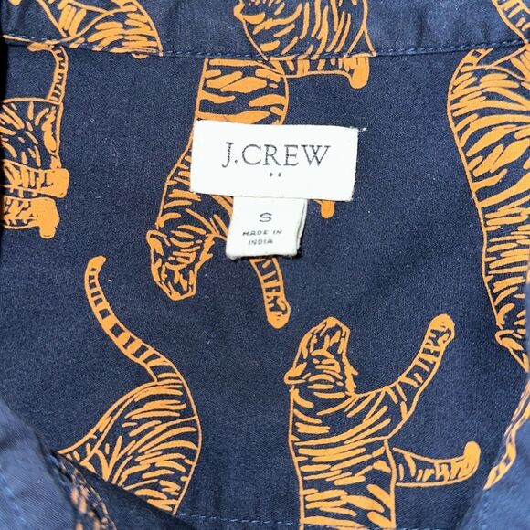 J. Crew S Navy Caramel Brown Tiger Print Signature Fit Stretch Cotton Shirt - Picture 11 of 13